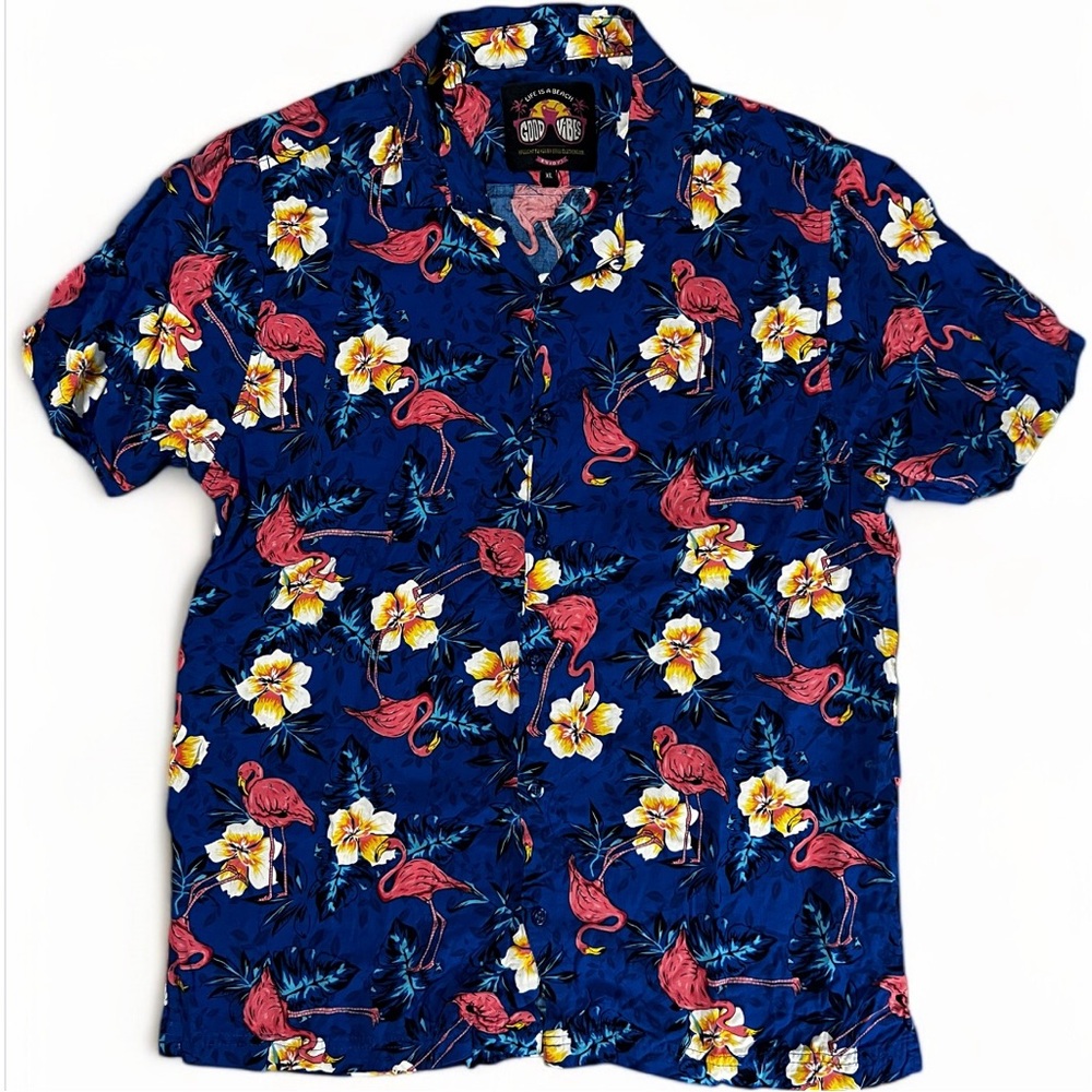 Drill Clothing GOOD VIBES Hawaiian Tropical Shirt Pink Blue Floral Flamingo XL
